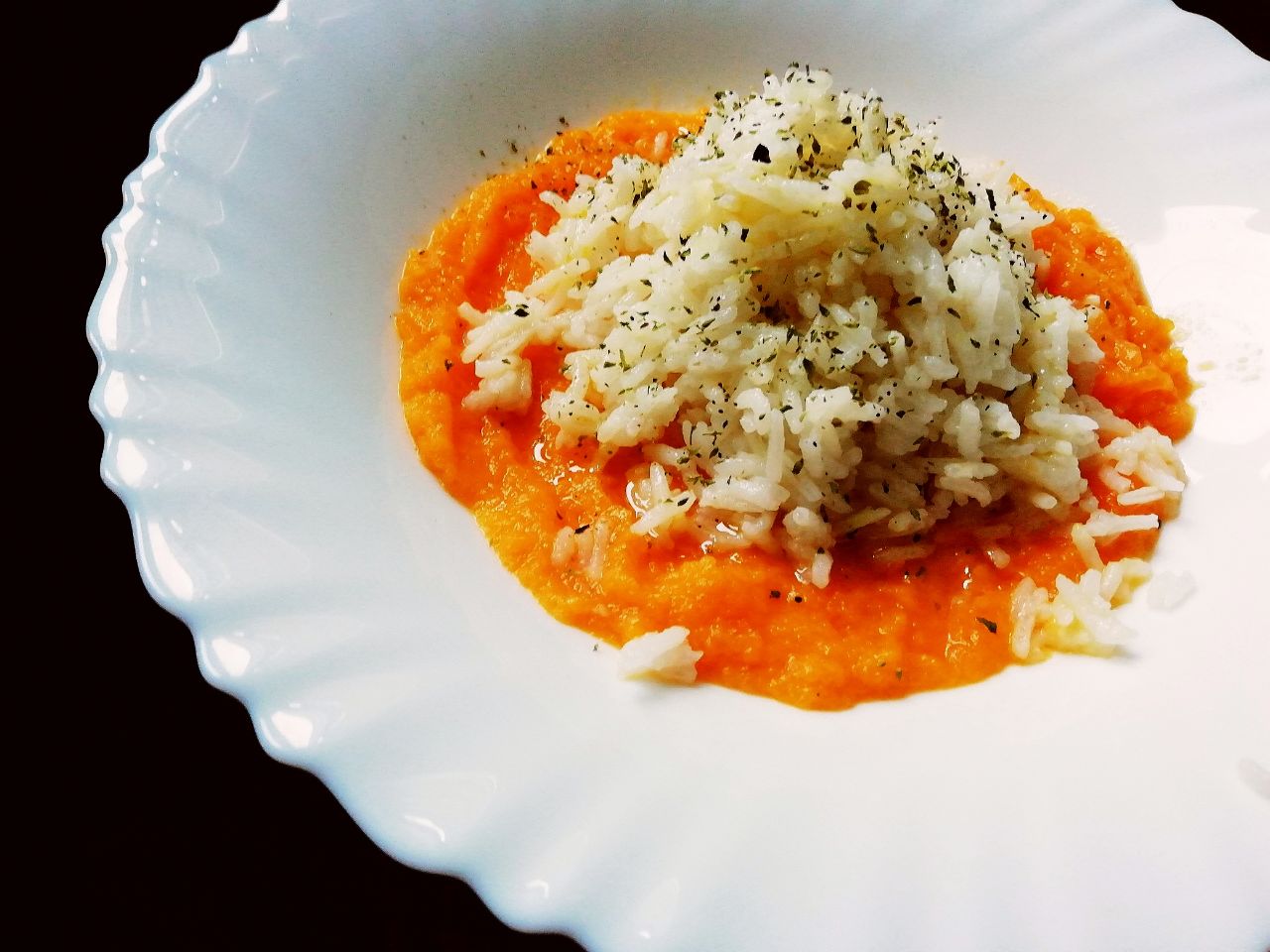 Primi piatti gluten free: riso basmati su crema di zucca, senza latte senza burro e senza formaggio!